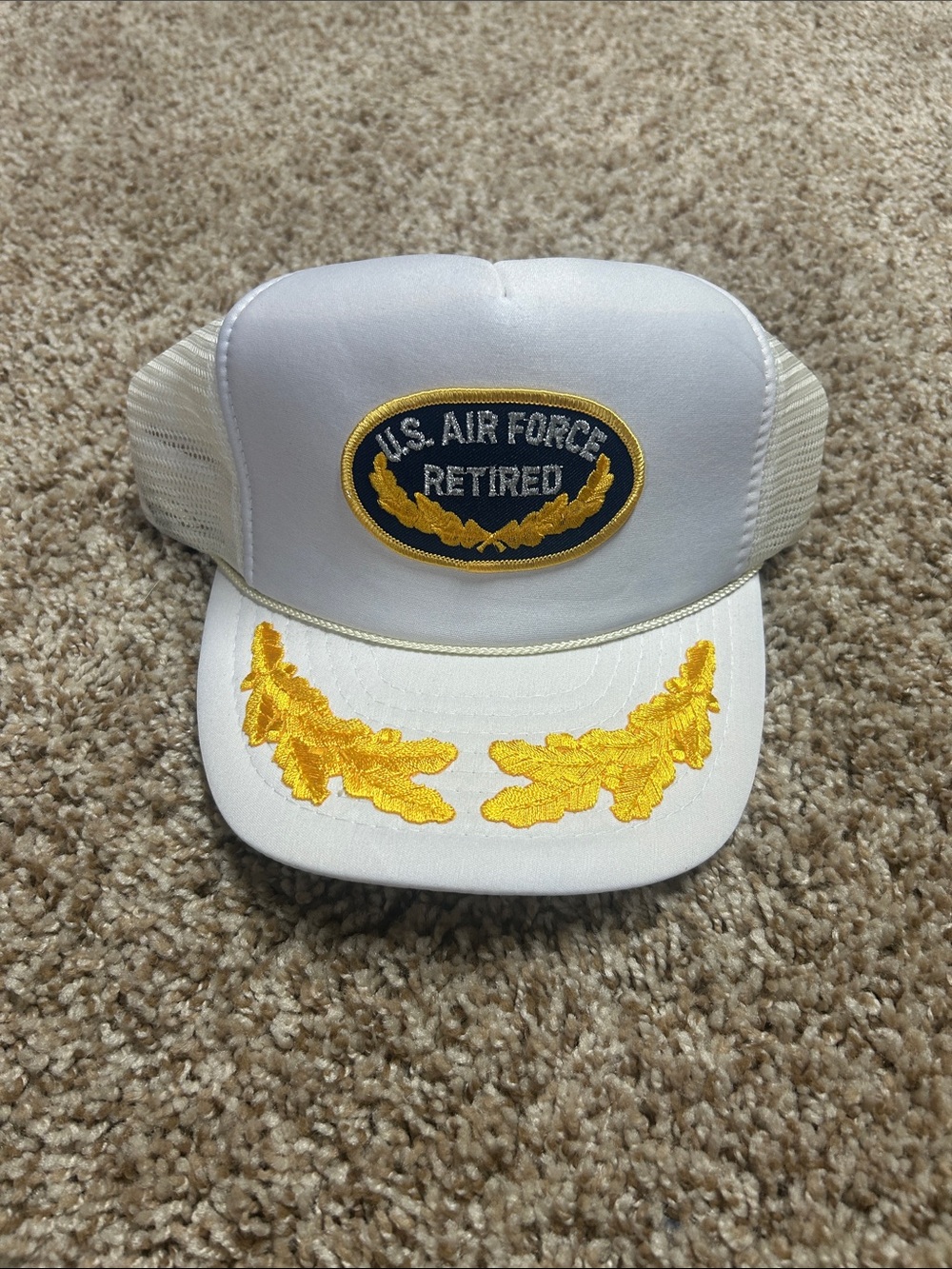 Vintage U.S. Air Force Retired White Trucker Cap with Gold Embroidery